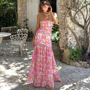 12th Tribe LaBelle Strapless Drop Waist Pink Floral Maxi Dress Size MM